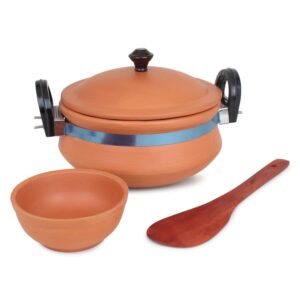 Handi for Cooking and Serving with Lid Serving Bowl Wooden Spatula Combo