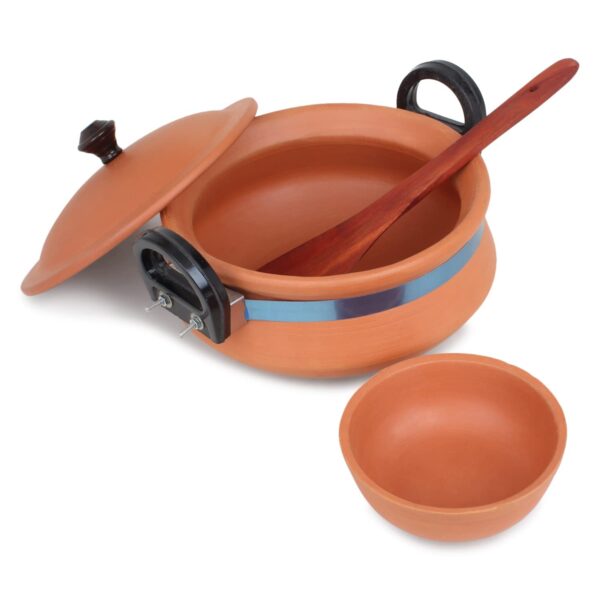 Handi for Cooking and Serving with Lid Serving Bowl Wooden Spatula Combo