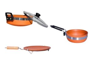 Combo Pack of Clay Kadai 3 Litre, 1 Litre Frying Pan and 9 inch Clay Tawa, Earthenware Clay Pots for Cooking and Serving (Pack of 3) Brown